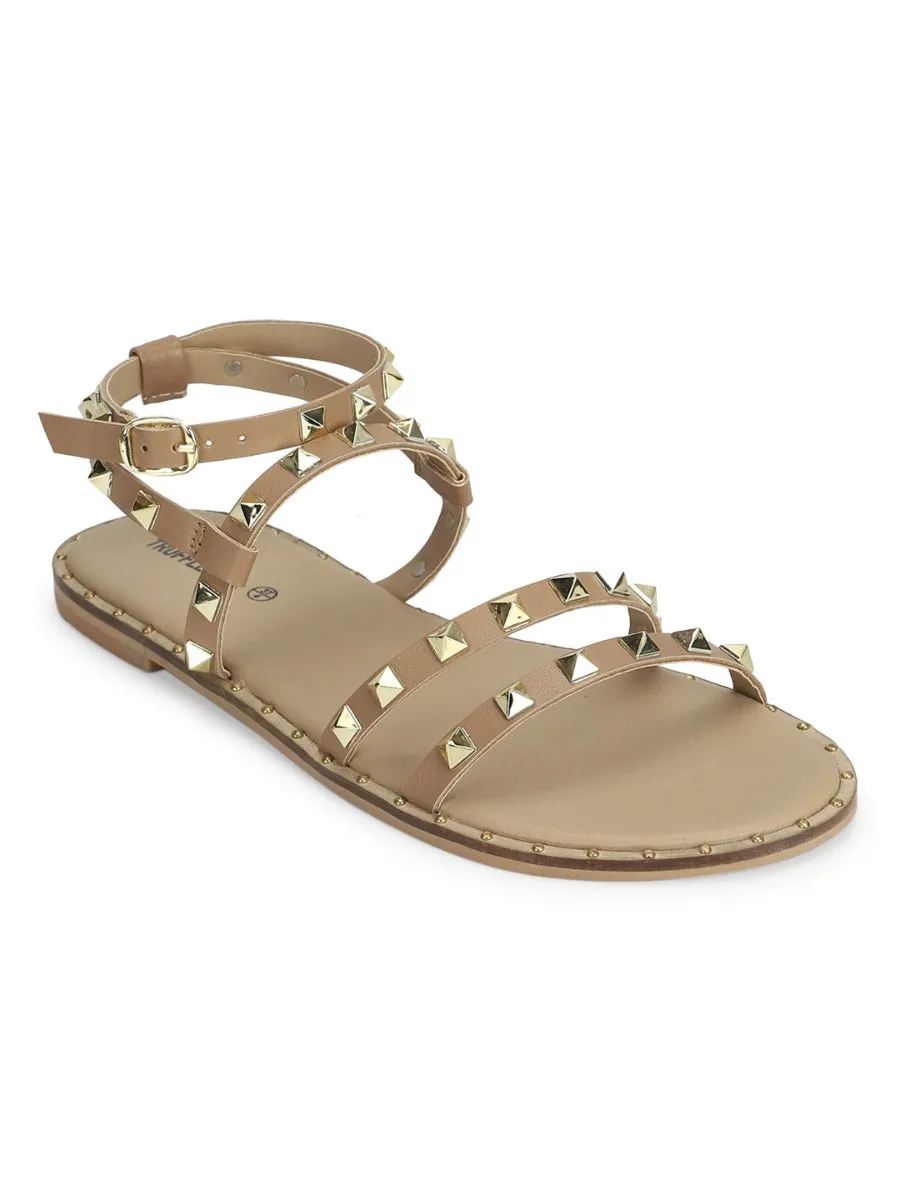 Beige PU Studded Flat Sandals