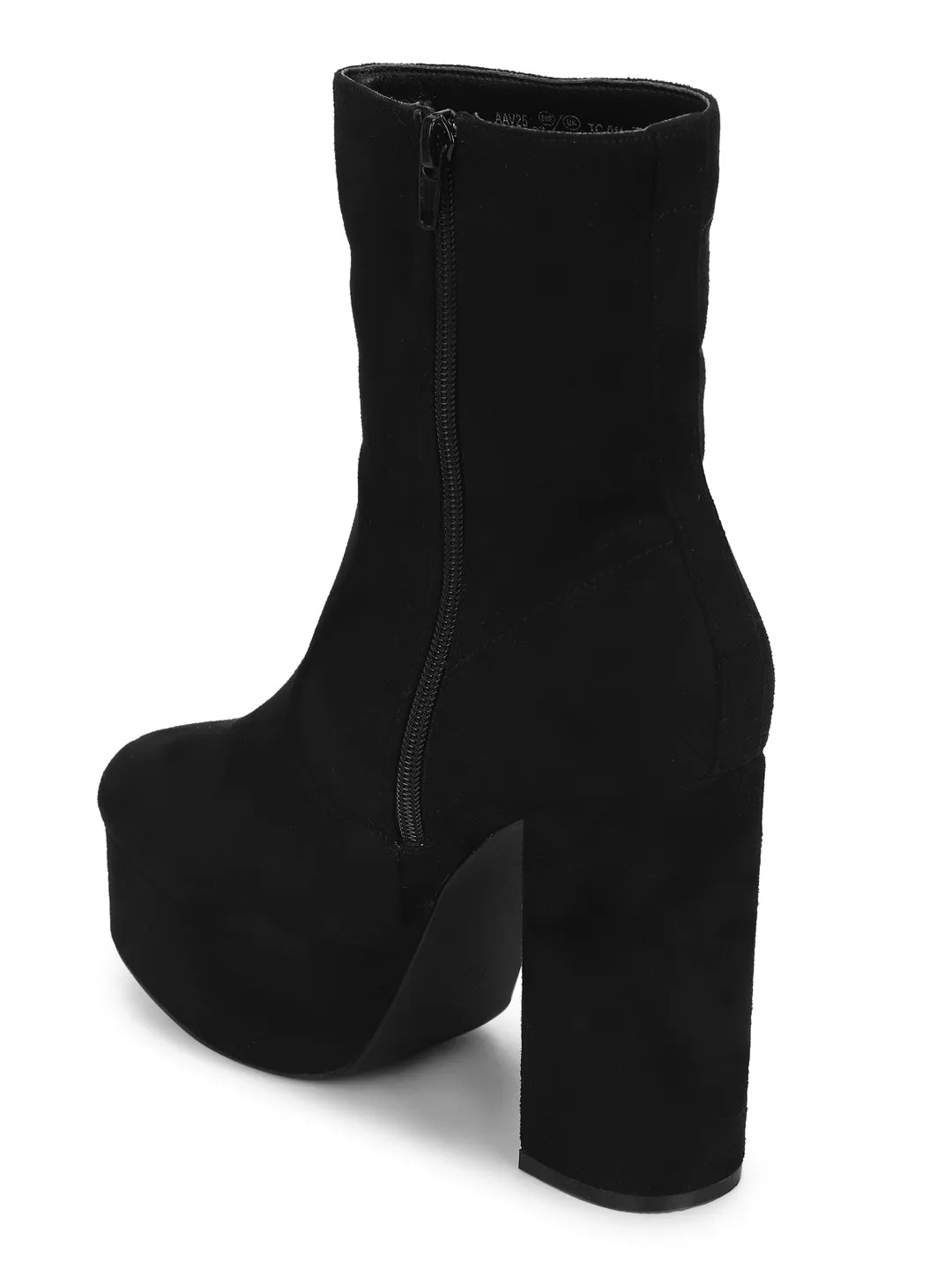 Black Micro Block Heel Ankle Length Boots