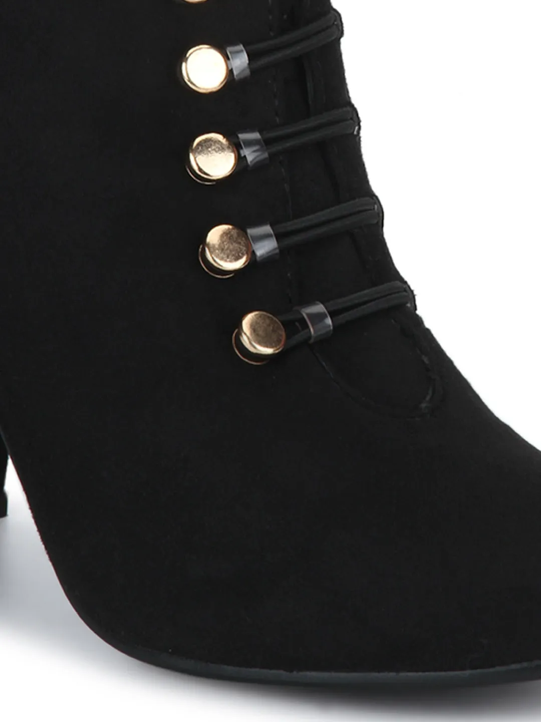 Black Micro Lace-Up Block Heels Ankle Boots