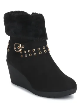 Black Micro Rivet Fur Down Collar Ankle Boots