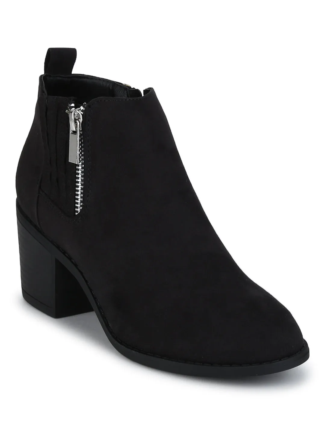 Black Micro Zipper Low Block Heel Ankle Length Boots