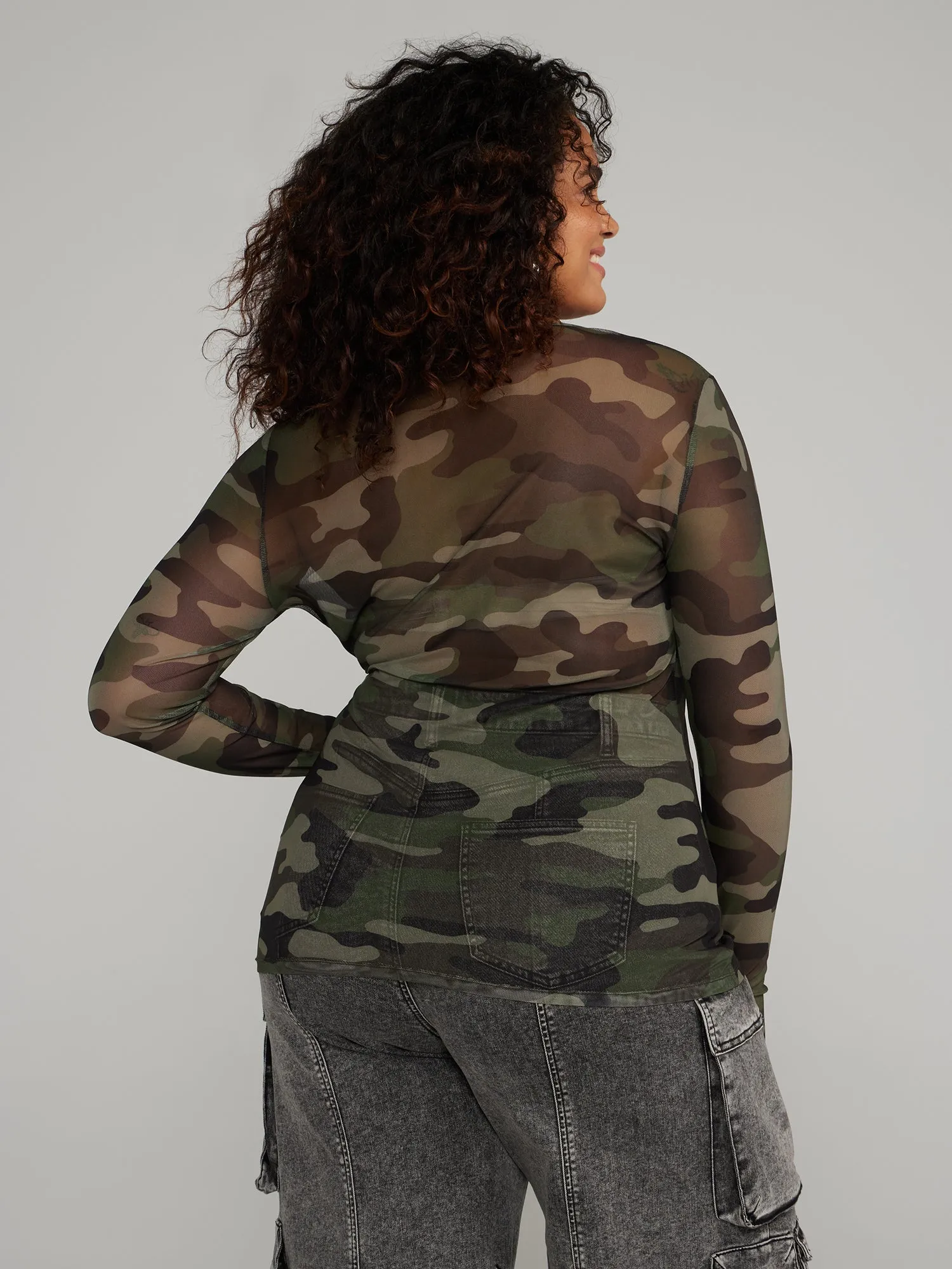 Crew-Neck Camo Printed Mesh Top