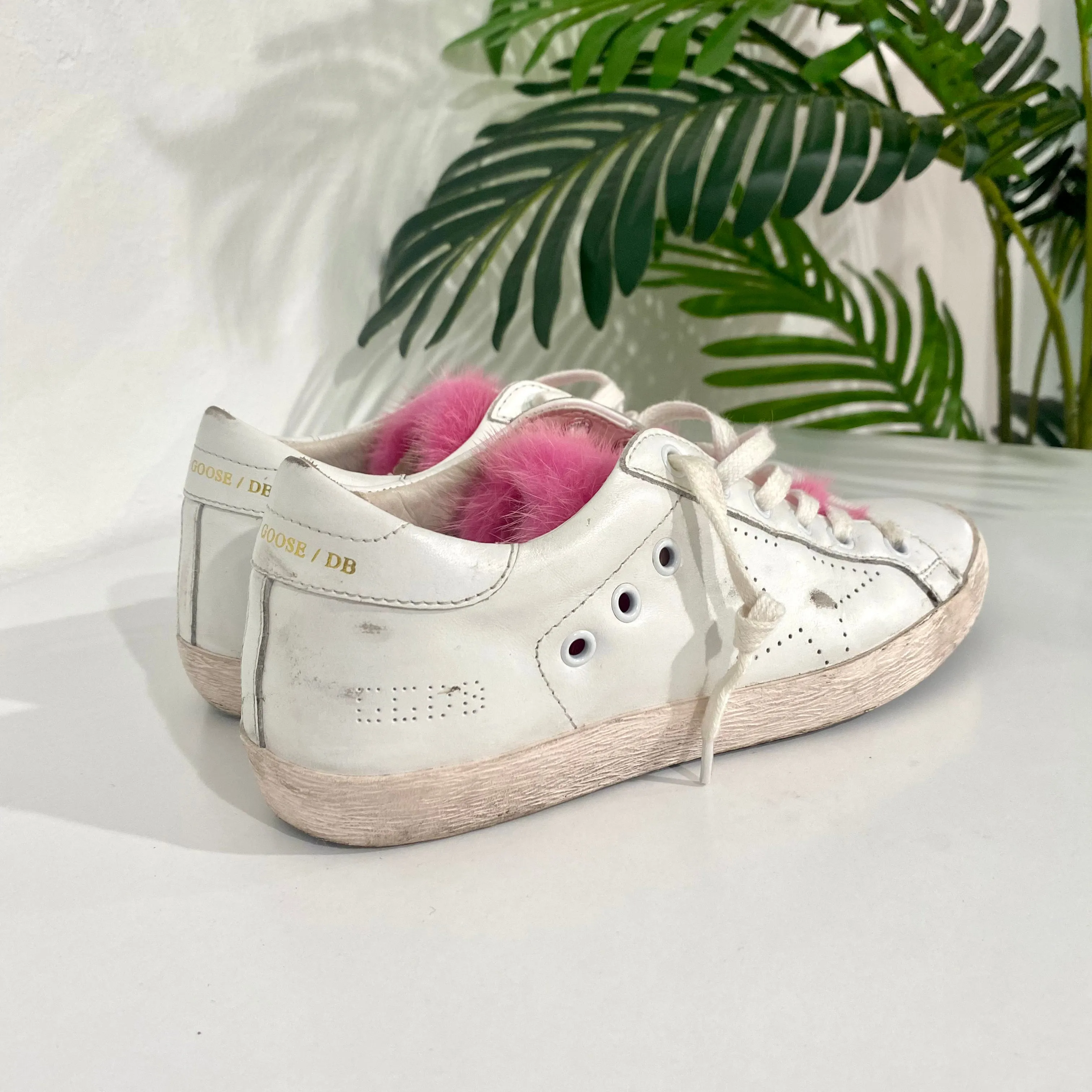 Golden Goose Pink Fur White Sneakers