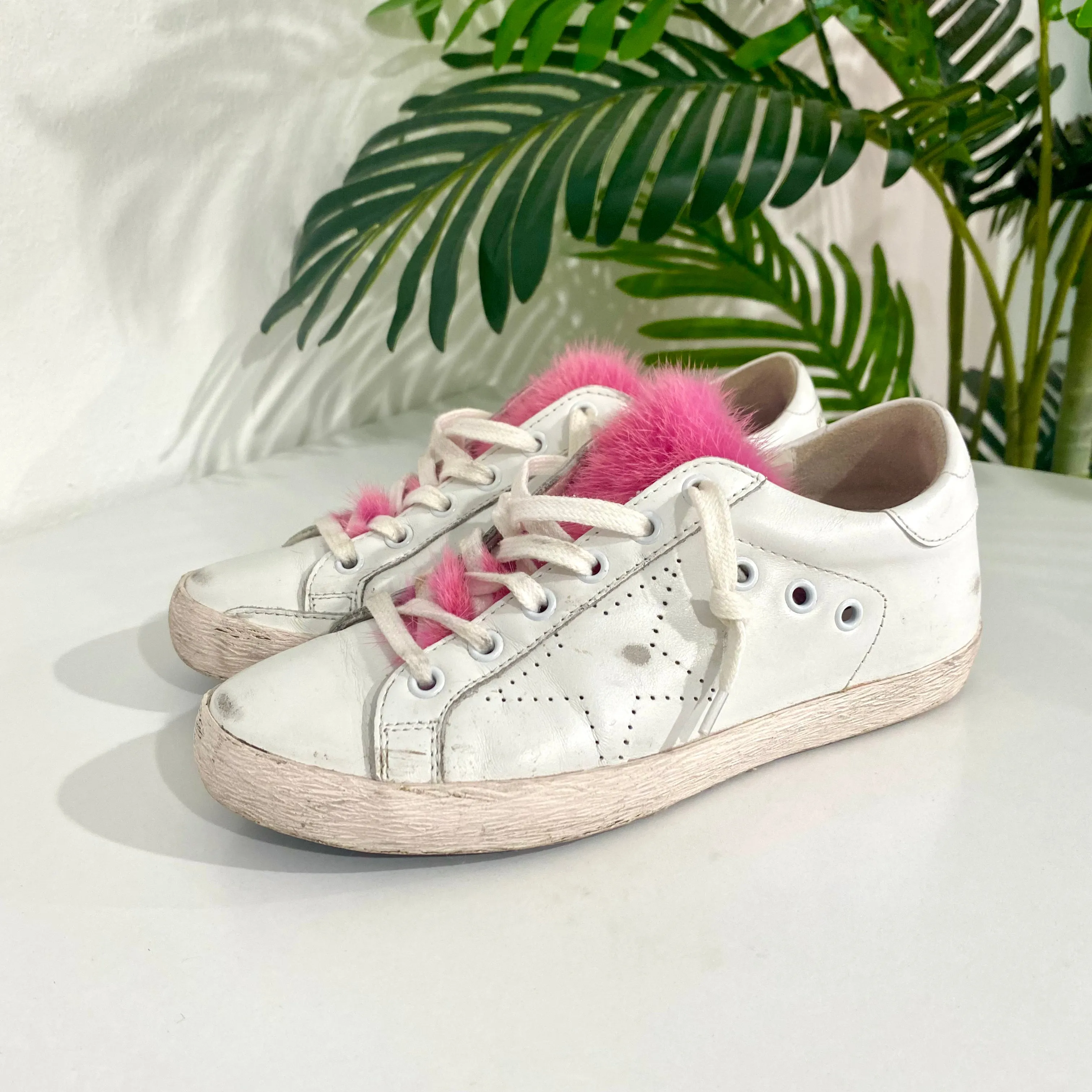 Golden Goose Pink Fur White Sneakers