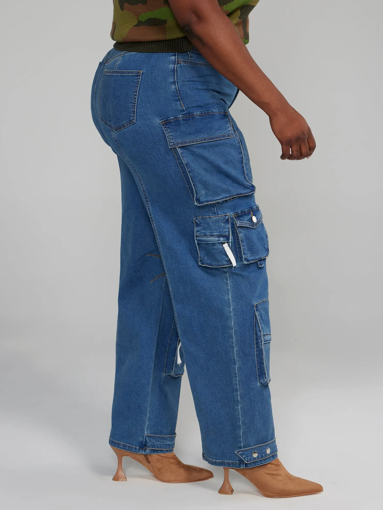 High Rise Straight Leg Denim Cargo Jeans