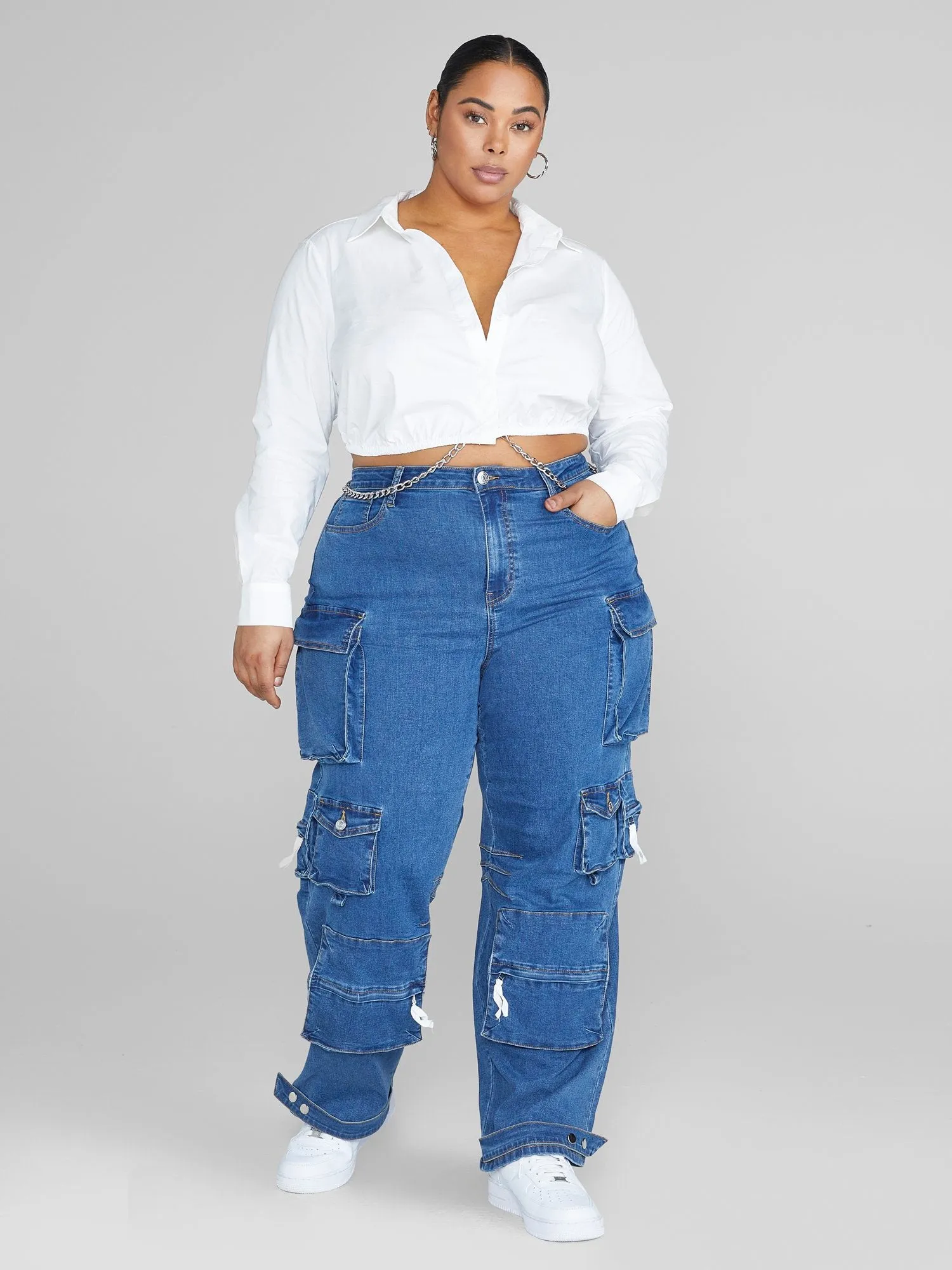 High Rise Straight Leg Denim Cargo Jeans