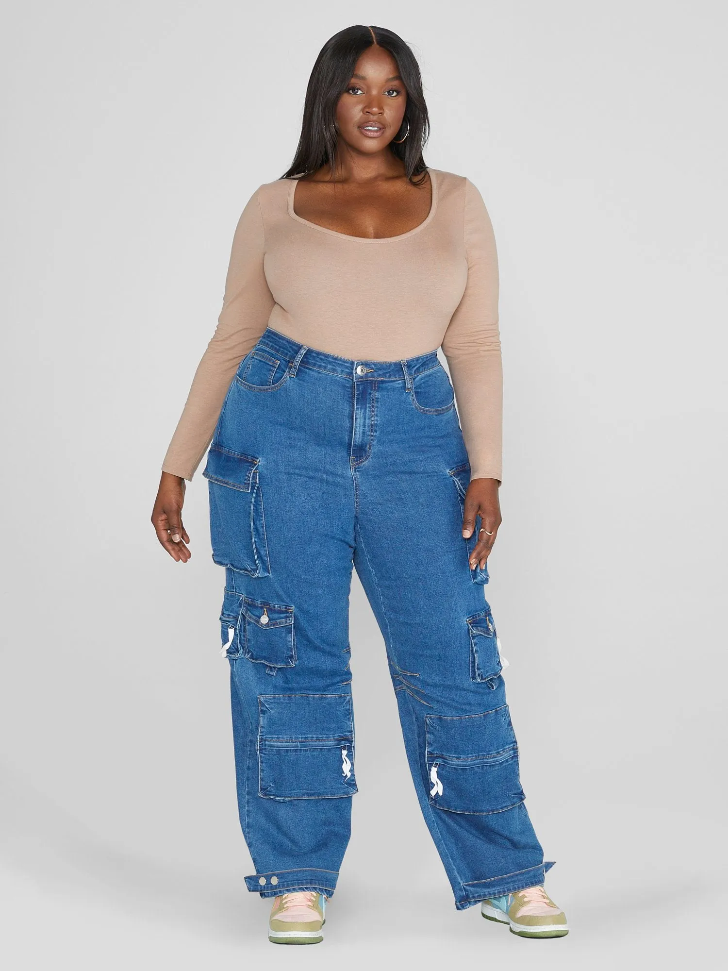 High Rise Straight Leg Denim Cargo Jeans