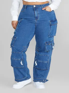 High Rise Straight Leg Denim Cargo Jeans